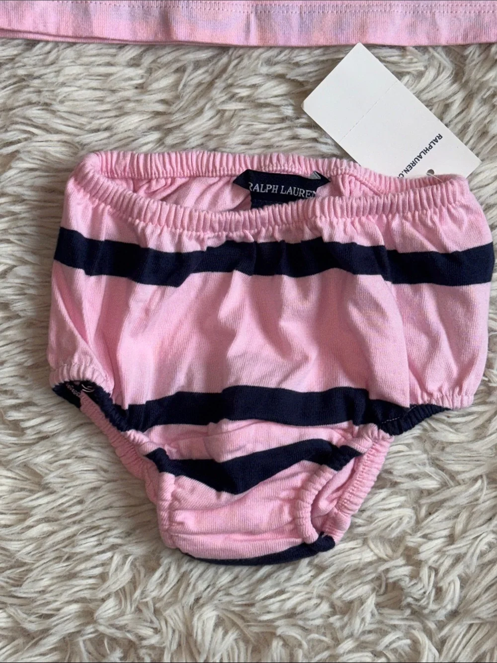 🐎 NWT Ralph Lauren Pink and Navy Striped Polo Dress w Matching Bloomers 9 months